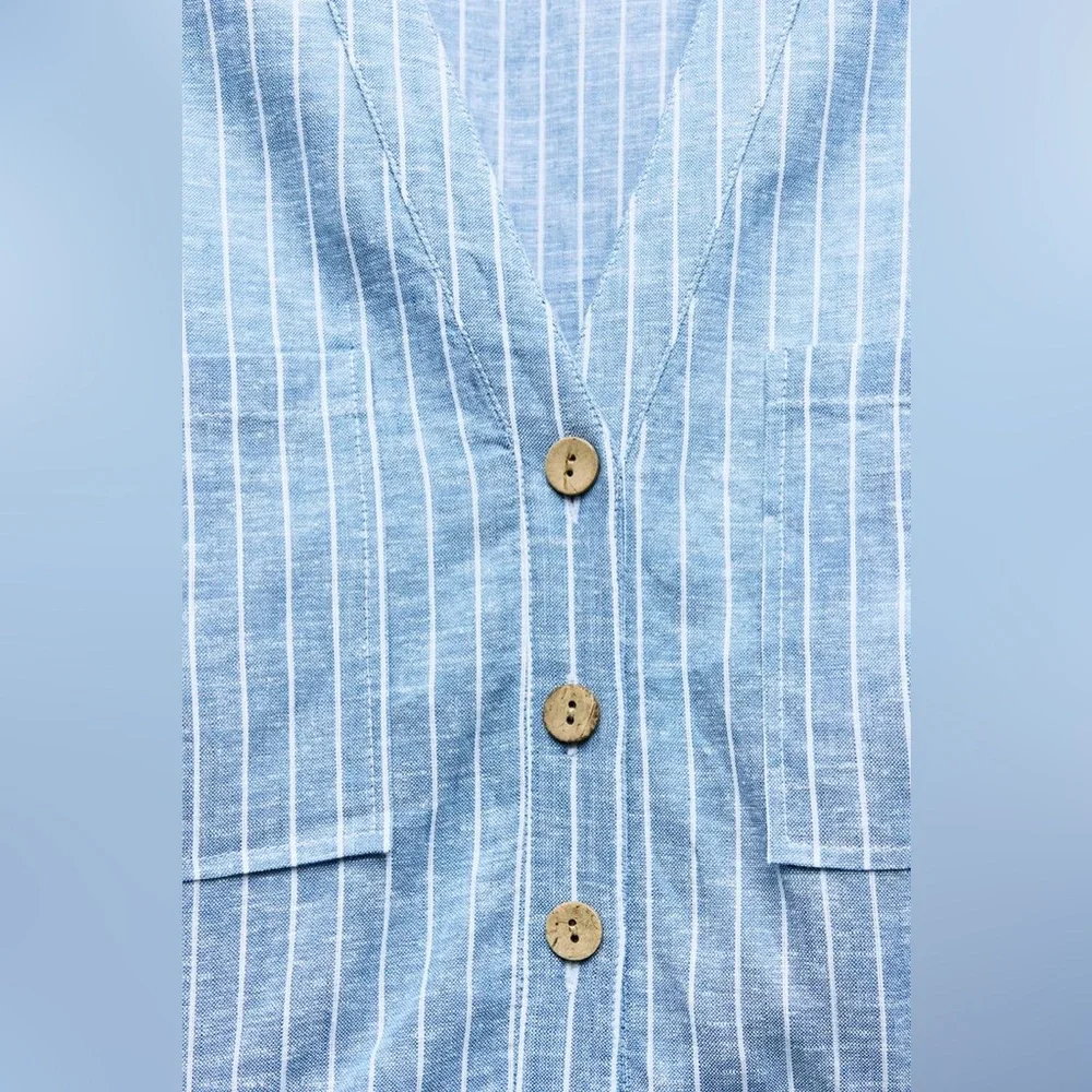 Zara Light Blue Pinstripe Linen Blend Romper